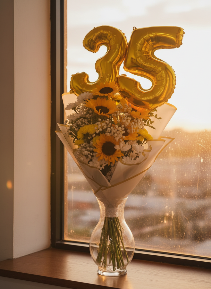 Ramo de girasoles y margaritas con globos dorados al atardecer